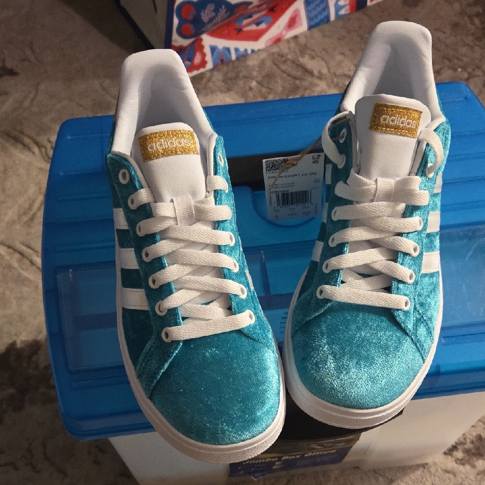Adidas Turquoise and White Shoes with Gold Accent